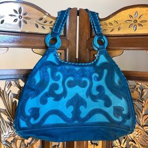 Leaders In Leather Teal Ornate Leather Bag